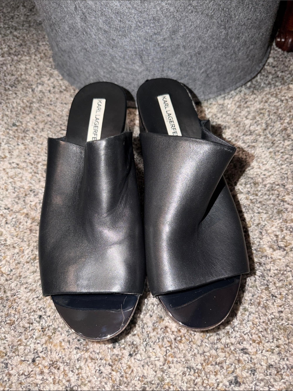 Karl Lagerfeld Black Lyric Slide Mules with mirrored toe